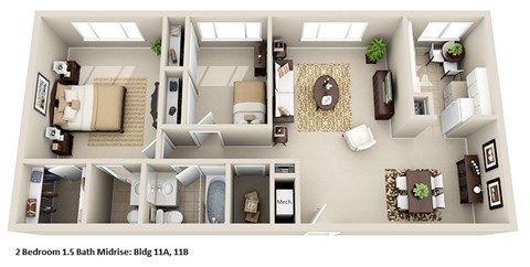 Floor plan for 2 beds, 1.5 baths, 1030 sqft